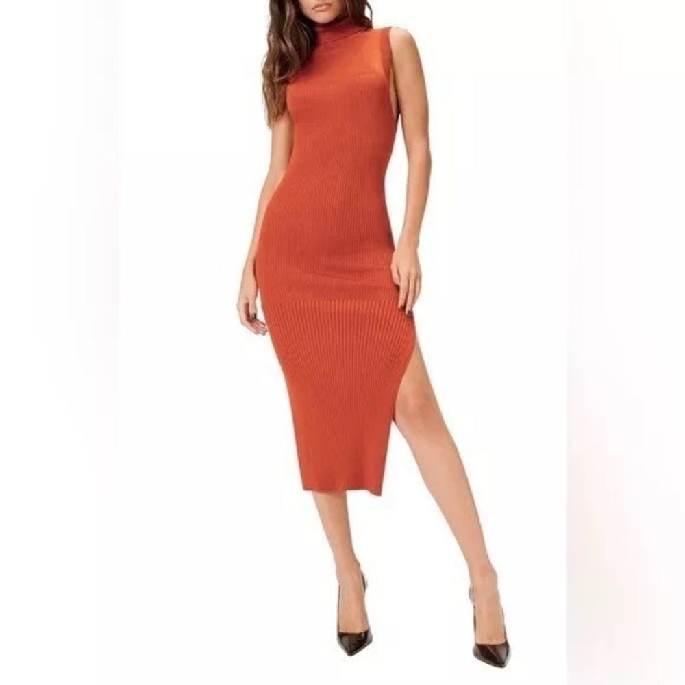 Good American Plaited ribbed midi dress in red clay/ copper